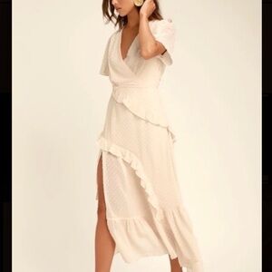 Lulu's Next to You Cream Swiss Dot Ruffled Midi Dress Women's Size Small